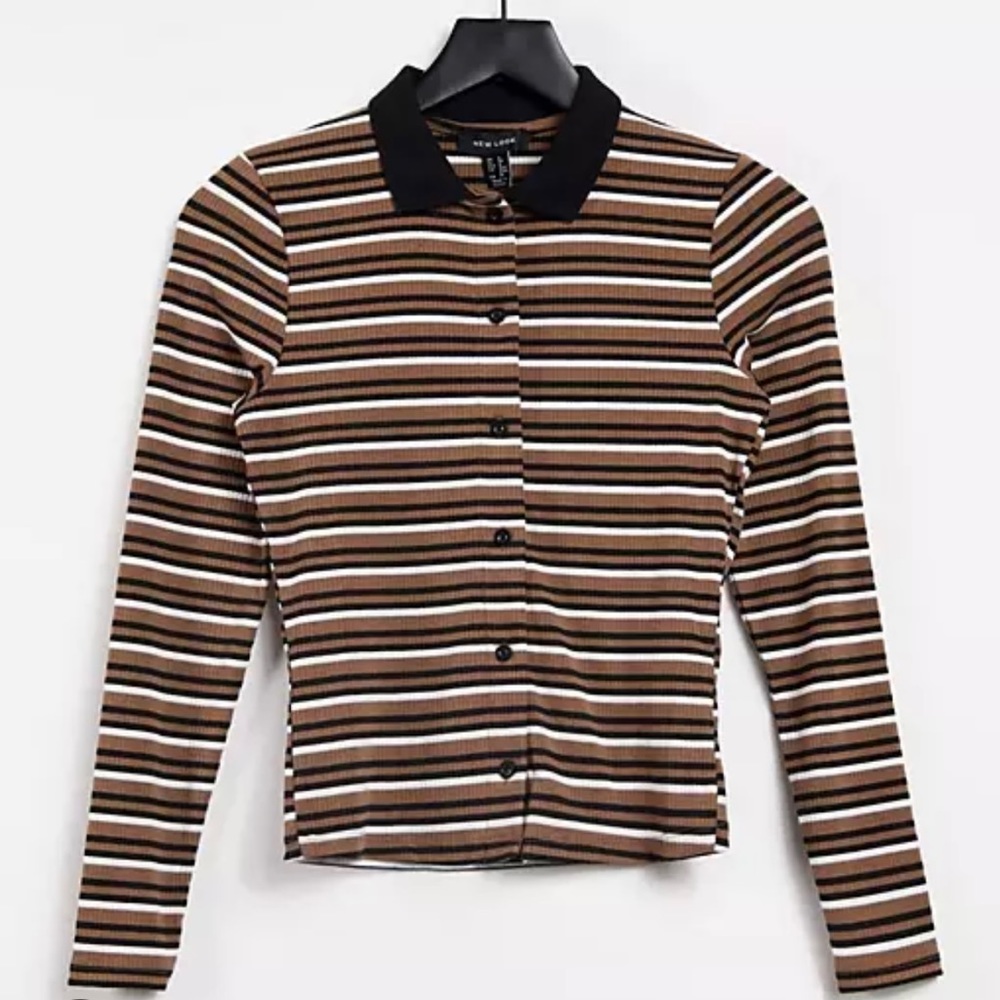 Button Front Stripe Collar Top